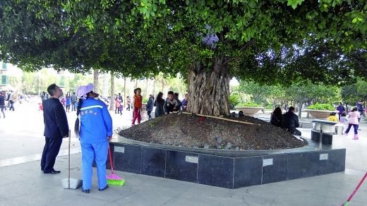 物管人員打算拆除小帳篷（白圈），小孩在一旁依依不舍