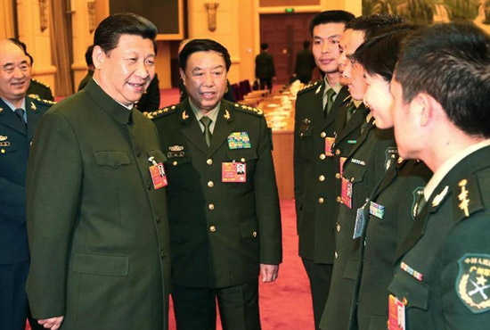 中共中央總書記、中共中央軍委主席習(xí)近平出席十二屆全國人大一次會議解放軍代表團(tuán)全體會議并發(fā)表重要講話。