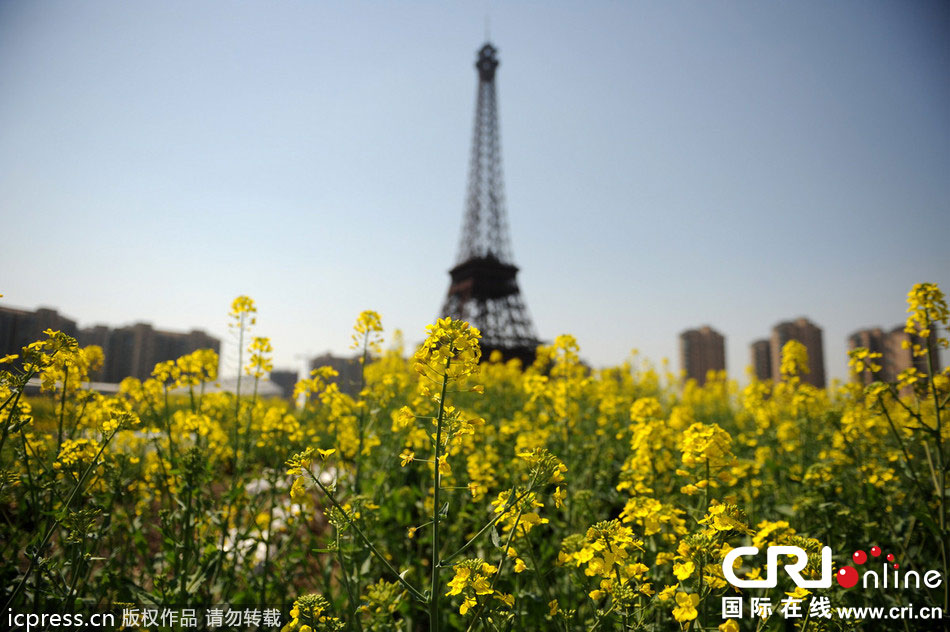 　2014年3月21日，杭州天都城，農(nóng)民在山寨埃菲爾鐵塔下耕作。圖片來(lái)源：東方IC