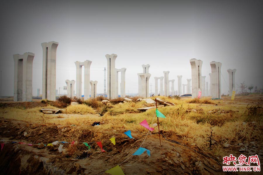 由于項目已經停工數月，施工工地上很難見到工人，設備也很少，雜草叢生，顯得非常荒涼。