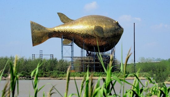 昨天，揚(yáng)中市西沙島，正在施工的河豚塔金光閃閃