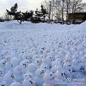 網(wǎng)傳“煙臺男子大學生堆1314個雪人表白”。微博圖
