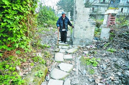 昨日，大渡口區(qū)，徐建高老人走在他鋪成的石子路上。 記者 張路橋 攝