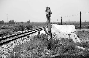 6月30日， 農(nóng)戶用搭建的窩棚和電線桿阻擋了鐵路的施工。新華社發(fā)