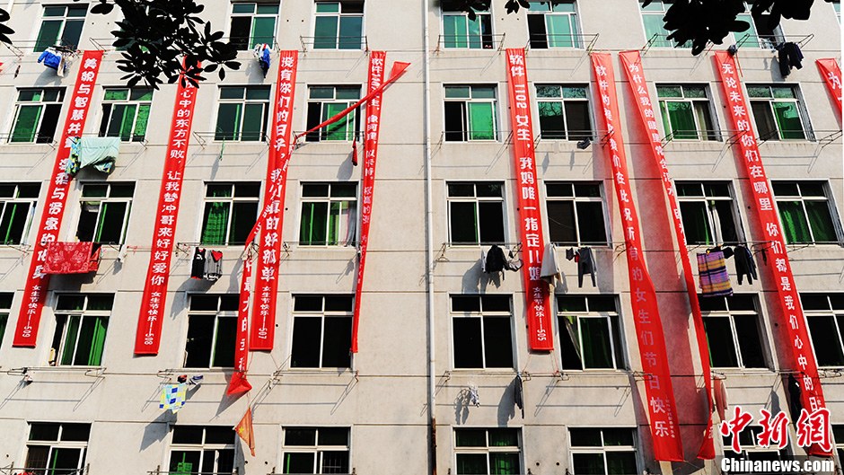 圖為男生宿舍掛起的二十多條橫幅。