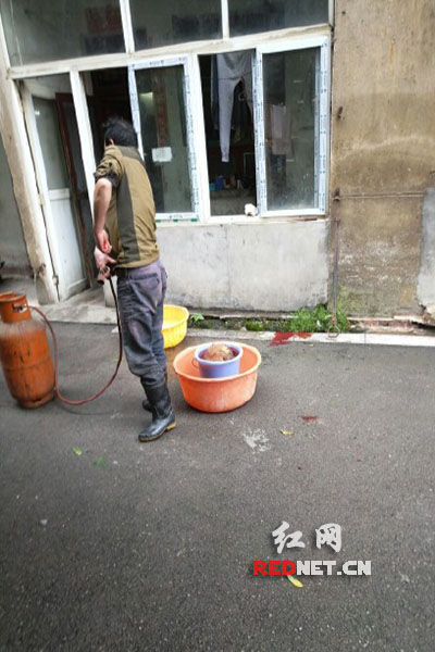 5月8日，男子在校園里殺狗，地上殘留一塊血跡。目擊者供圖。