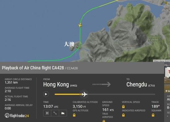  圖片來自航空網(wǎng)站flightradar24，圖顯示飛機(jī)在大澳險(xiǎn)撞山頭