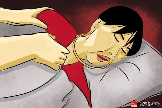 妻子張津華再沒能醒來，這個正處盛年、愛美又能干的女人變?yōu)榱酥参锶?，在床上一躺九年，容顏已枯朽。（畫作者：羅逸爵）