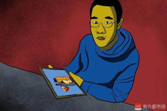 王煥凱看著一家人幸福的合照，黯然神傷，悔不當(dāng)初。（畫作者：吳斌）