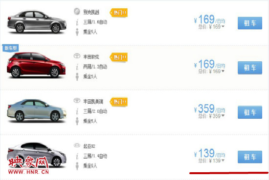 平時(shí)部分汽車租車價(jià)格。