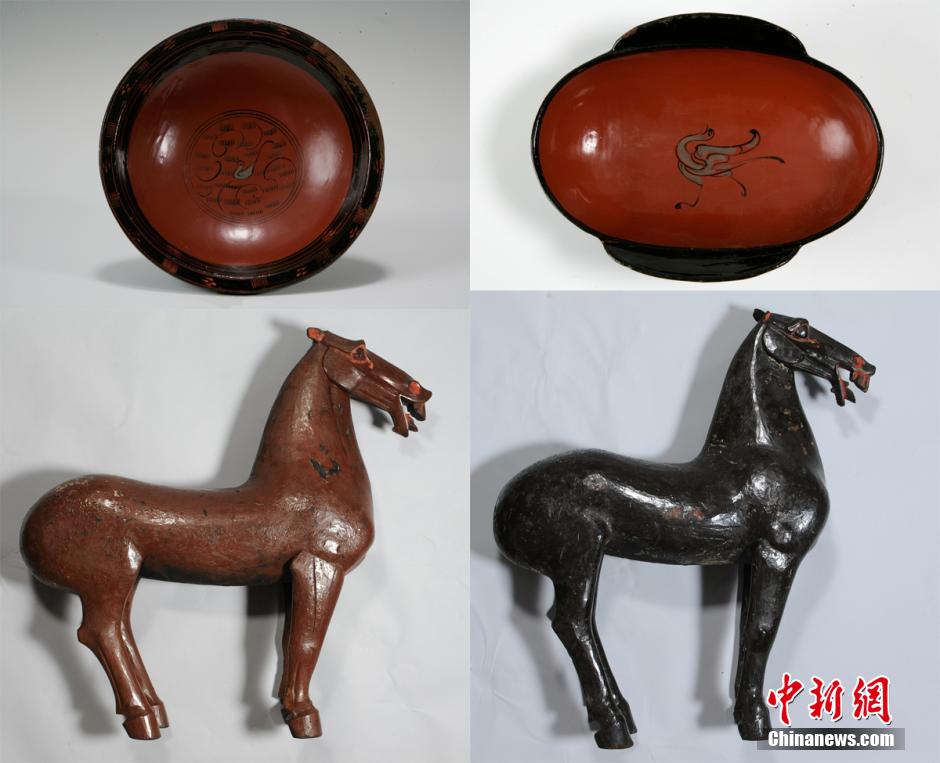 圖為出土漆器240余件，器形有耳杯、奩、幾、盤、盒、俑、馬等。