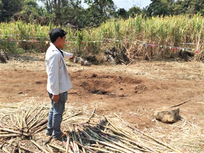 昨日，在大水桑樹村，村民向記者展示13日造成5死8傷的炸彈事件彈坑。