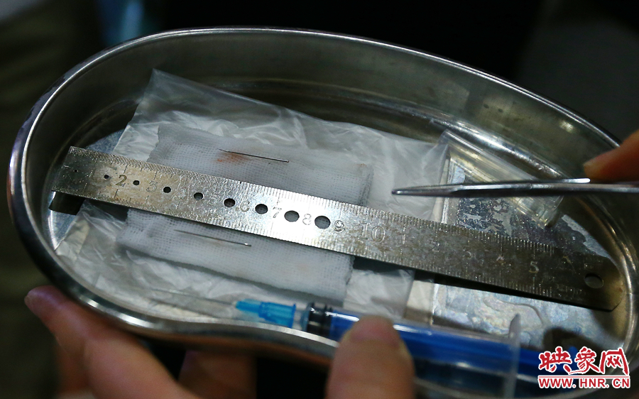 大龍顱內(nèi)取出的鋼針（上）和小龍顱內(nèi)的一樣（下），均為2.5厘米