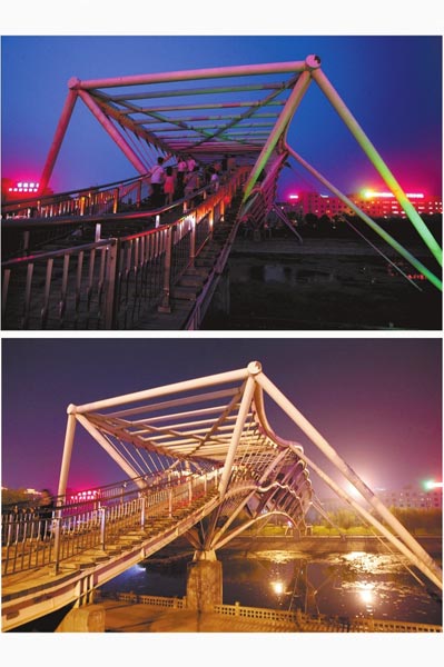 花園路西側(cè)東風(fēng)渠景觀橋，上圖攝于7月31日晚間，下圖攝于10月9日晚間。