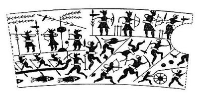 衛(wèi)輝市山彪鎮(zhèn)發(fā)掘出的戰(zhàn)國(guó)水陸攻戰(zhàn)紋銅鑒，上面有古人乘舟水戰(zhàn)的場(chǎng)面。